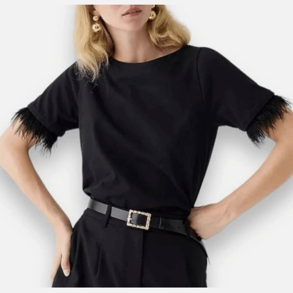 NWT J. Crew Black Mariner Jersey Cropped Boatneck T-Shirt  With Feather Cuff